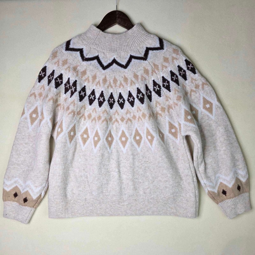 Crown & Ivy Sweater Women's L Large Beige Tonal Fair Isle Mock Neck Pullover NEW